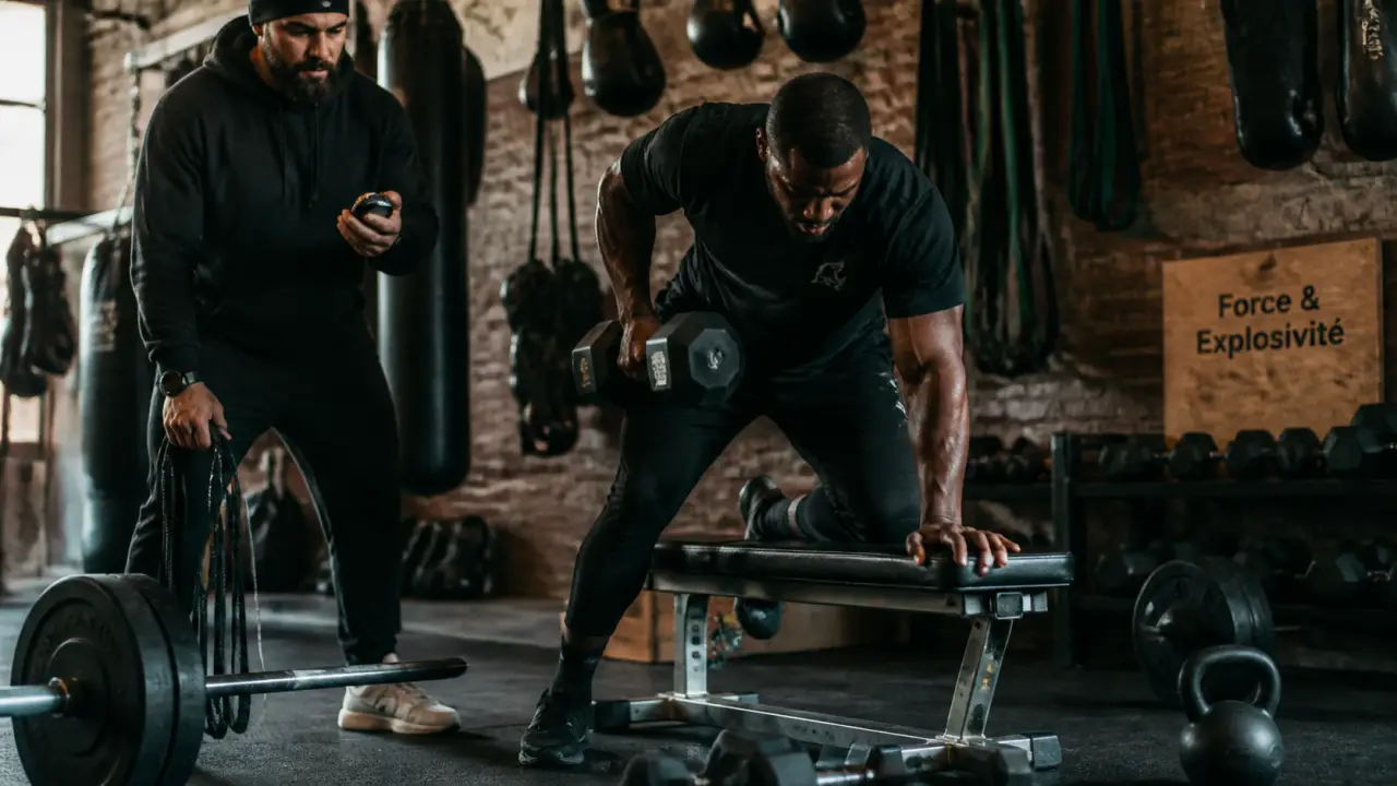 Musculation boxe : puissance explosive au banc avec coach et corde à sauter