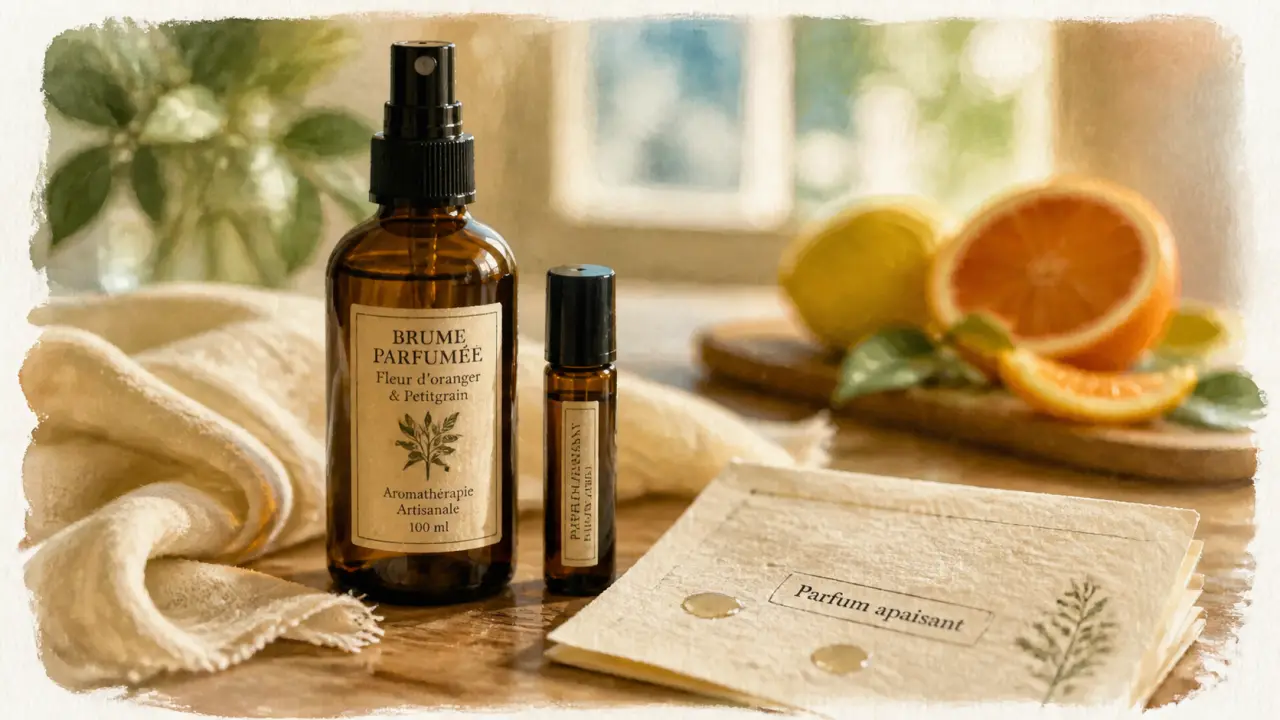 Parfum bien être apaisant : brume dans un flacon ambré et flacon nomade 10 ml