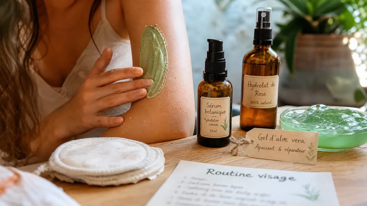 Routine soin visage naturel : application crème hydratante sur peau au matin