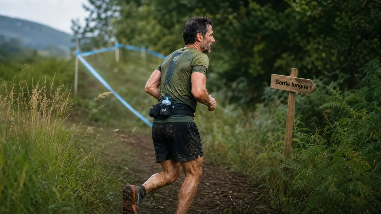 Sortie longue running : chaussures et gourde sur chemin