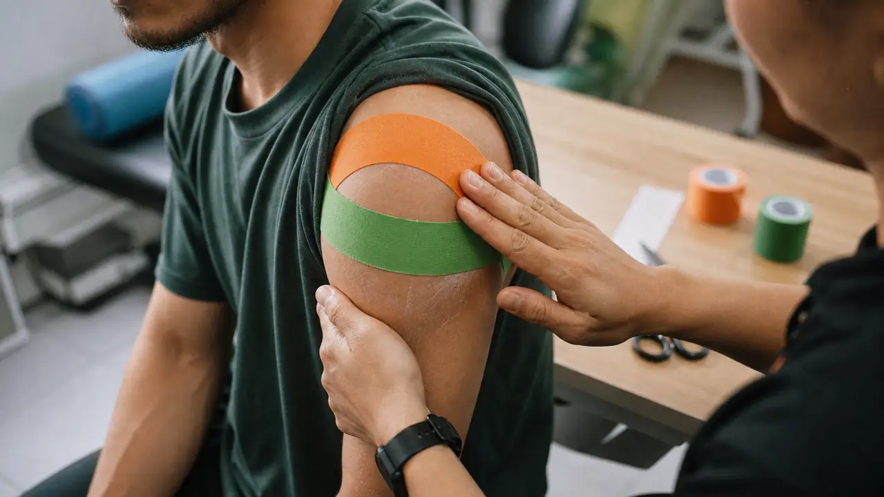 Strapping épaule tendinite : 2 bandes autour de l’acromion, 25% tension