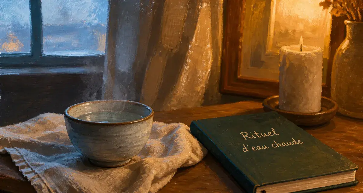 Boire de l’eau chaude avant de dormir : tasse d’eau tiède sur table de chevet