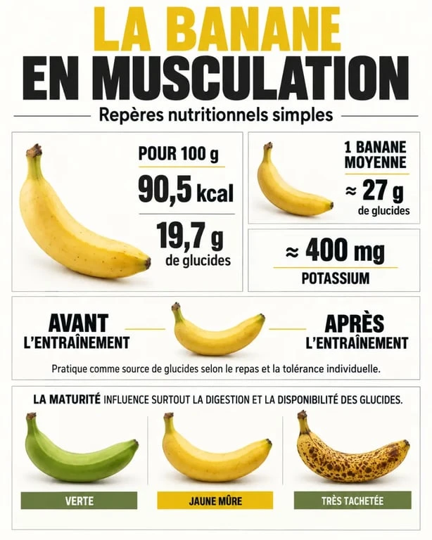 Infographie sur la banane musculation : glucides, potassium et moments de consommation