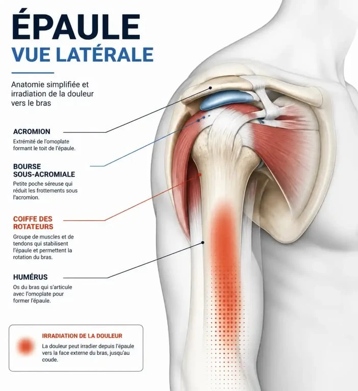 Schéma anatomique de la tendinite épaule bras montrant la coiffe des rotateurs et l’irradiation de la douleur