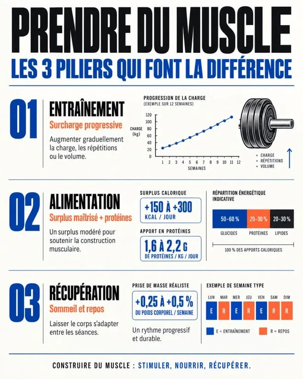 Infographie pour prendre du muscle avec entraînement, alimentation et récupération