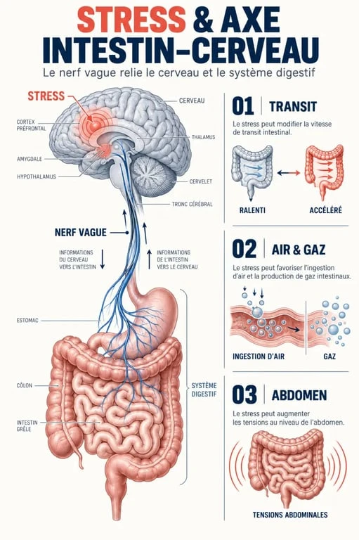 Schéma explicatif du stress et ventre gonflé montrant l’axe intestin-cerveau et les effets digestifs du stress