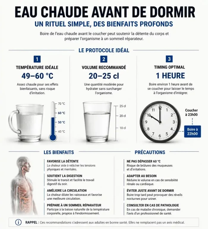 Infographie sur les bienfaits et conseils pour boire de l'eau chaude avant de dormir