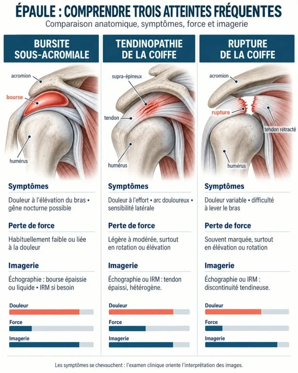 Infographie comparative bursite tendinite épaule et rupture de la coiffe des rotateurs