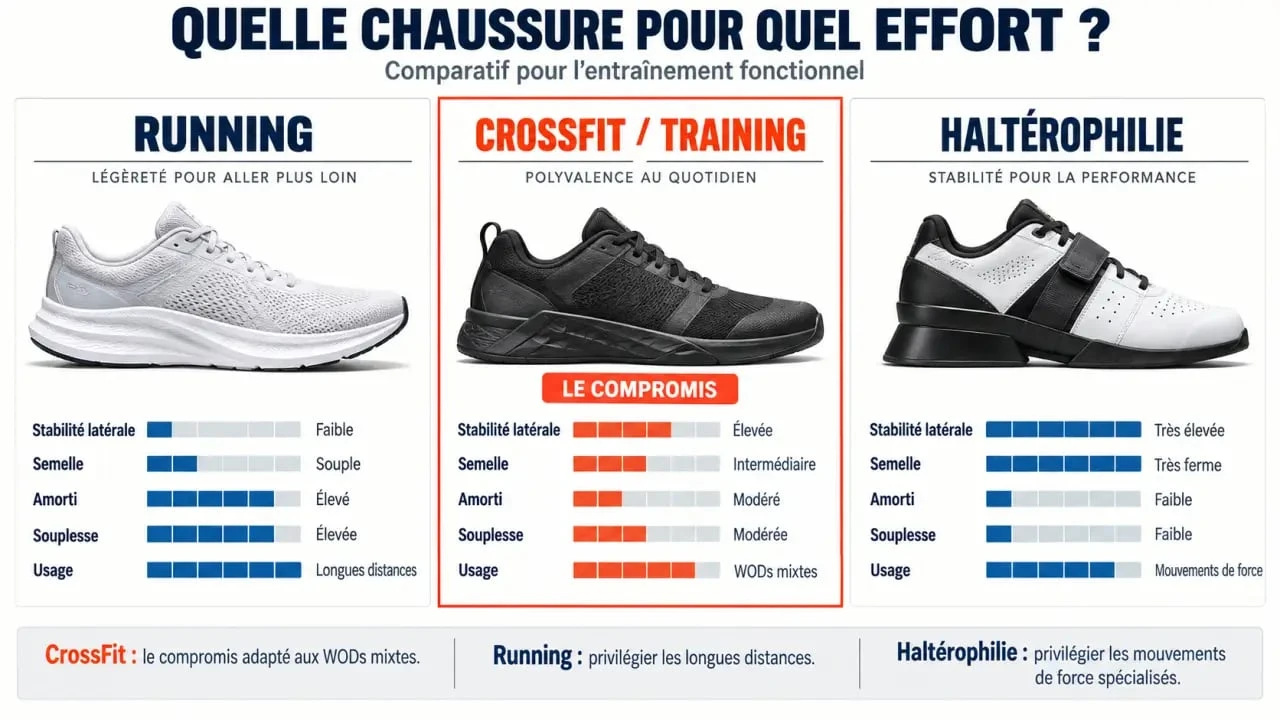 Infographie comparative des chaussures CrossFit, de running et d’haltérophilie selon la stabilité et l’usage