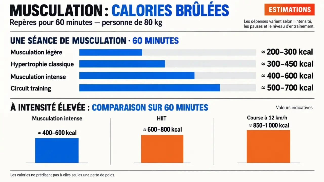 Infographie sur les calories brûlées en musculation selon l'intensité et la durée