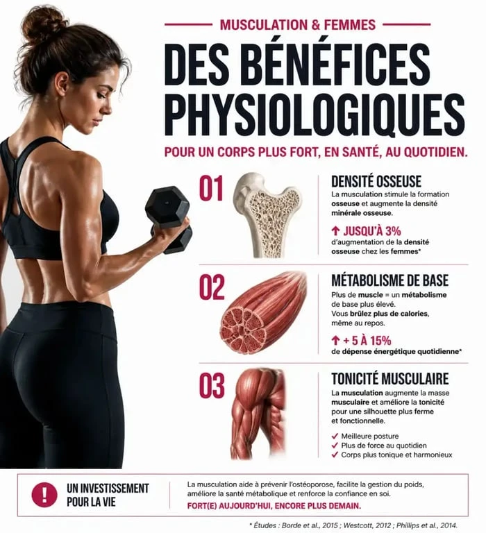 Infographie sur les bienfaits de la musculation pour femme sur la santé et la silhouette