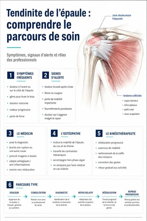 Tendinite épaule ostéopathe : parcours de prise en charge, signes d'alerte et rôles des professionnels