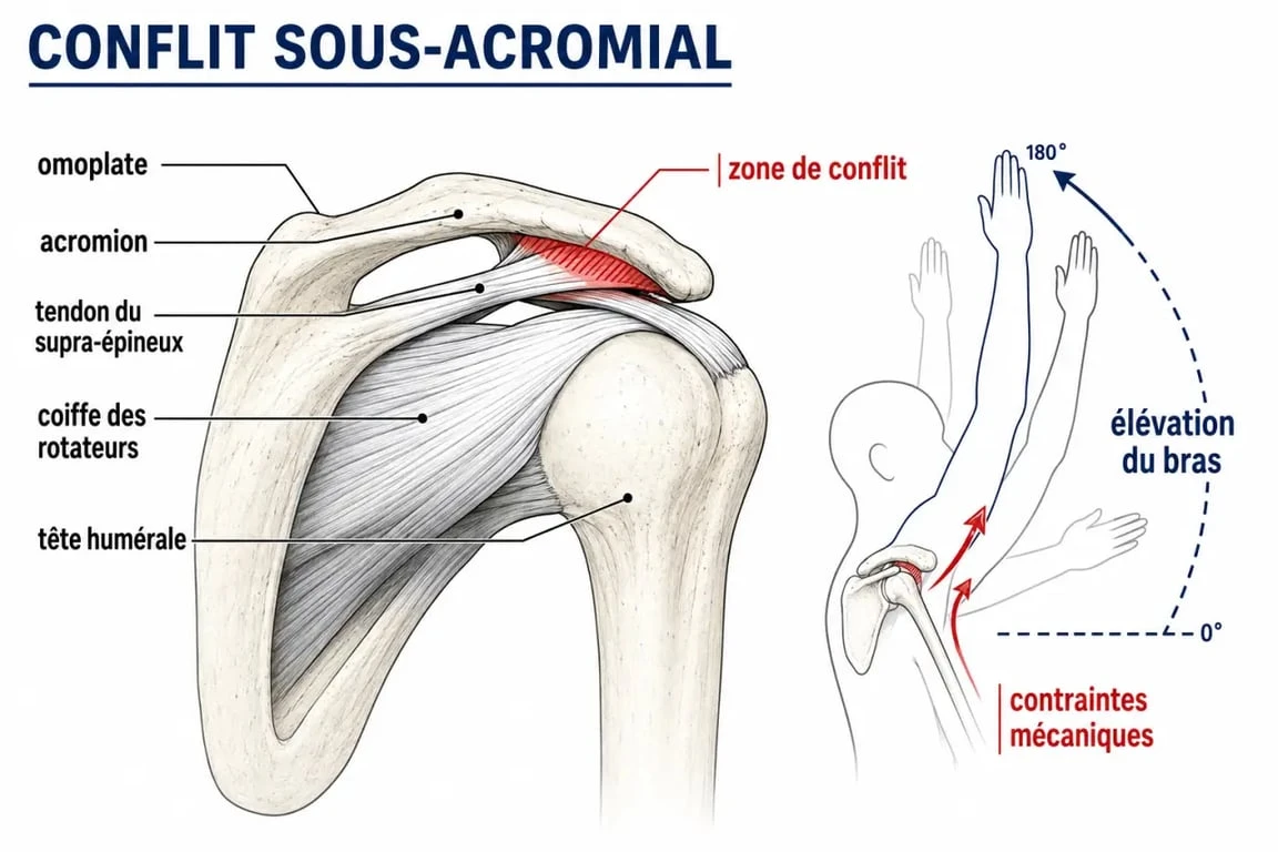 Tendinite épaule ostéopathe : schéma de la coiffe des rotateurs et des contraintes mécaniques