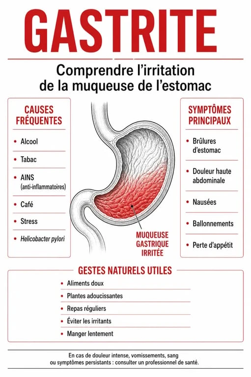 Gastrite remèdes naturels : schéma éditorial des causes, symptômes et gestes pour apaiser l’estomac