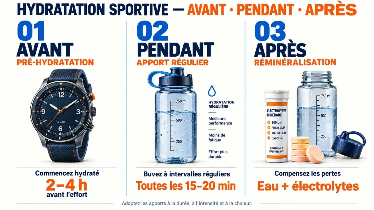 Infographie des trois phases d'hydratation pour sportif : avant, pendant et après l'effort