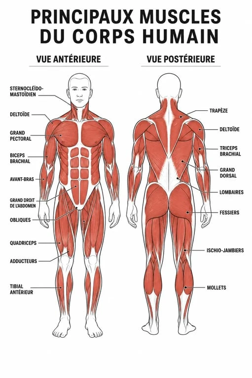 Les muscles du corps humain pdf : schéma anatomique simplifié des principaux groupes musculaires