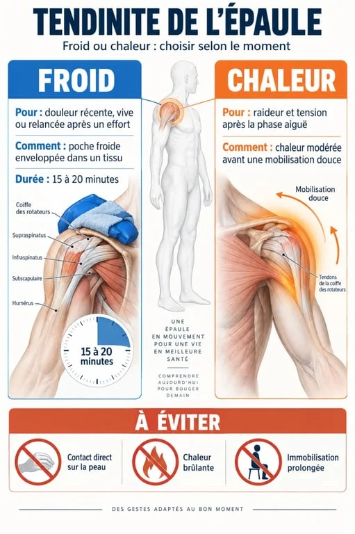 Infographie tendinite épaule chaud ou froid selon les symptômes