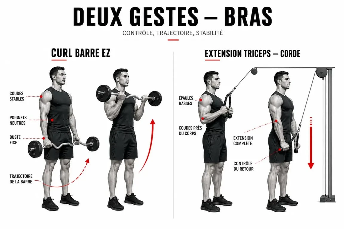Séance bras muscu : curl barre EZ et extension triceps avec les bons repères techniques