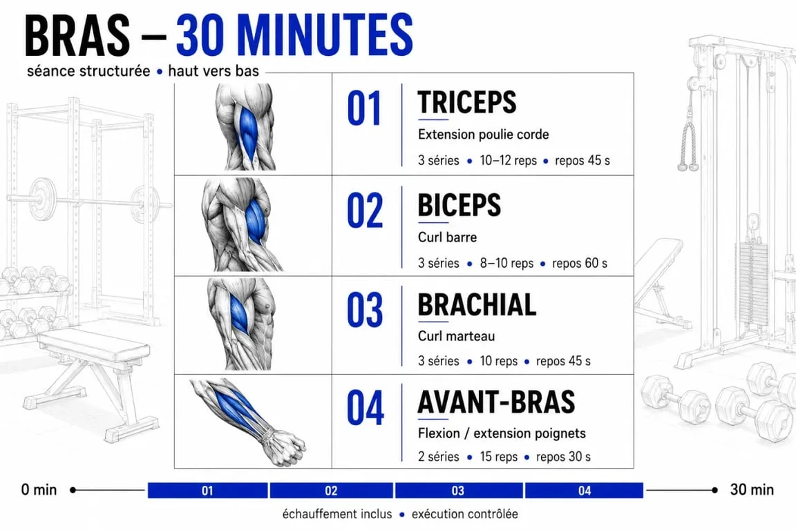 Séance bras muscu en 30 minutes avec ordre des exercices, séries, répétitions et temps de repos