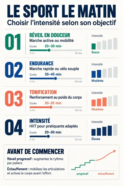 Infographie sur le sport le matin selon l’objectif et le niveau d’intensité