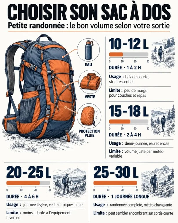 Infographie pour choisir un sac à dos petite randonnée selon le volume et la durée de sortie