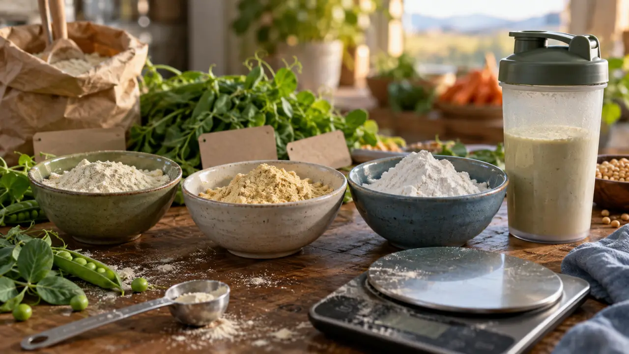 Meilleures protéines végétales musculation : bols de pois-riz et soja en poudre sur table bois