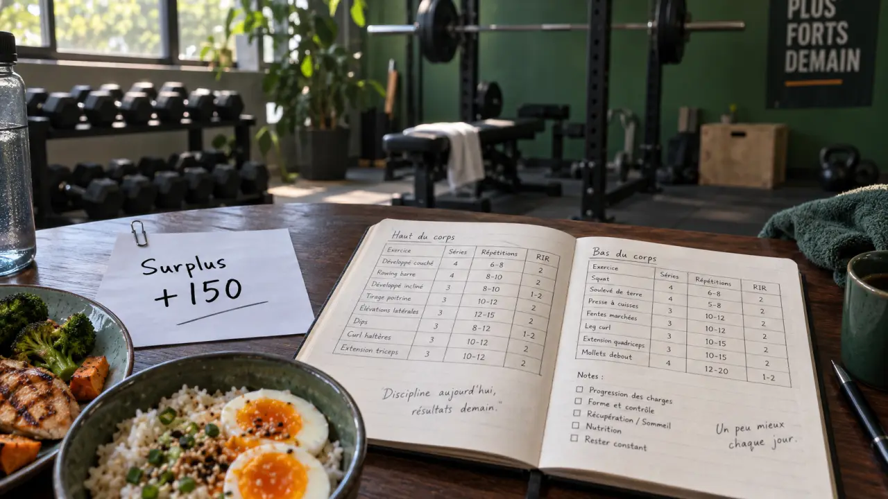 Prendre du muscle sans trop de gras : carnet d’entraînement et repas
