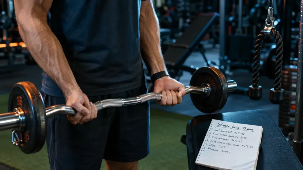 Séance bras muscu de 30 minutes : triceps prioritaires, curls propres et avant-bras travaillés