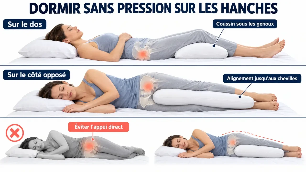 Positions de sommeil pour soulager une douleur des hanches la nuit avec coussins de soutien