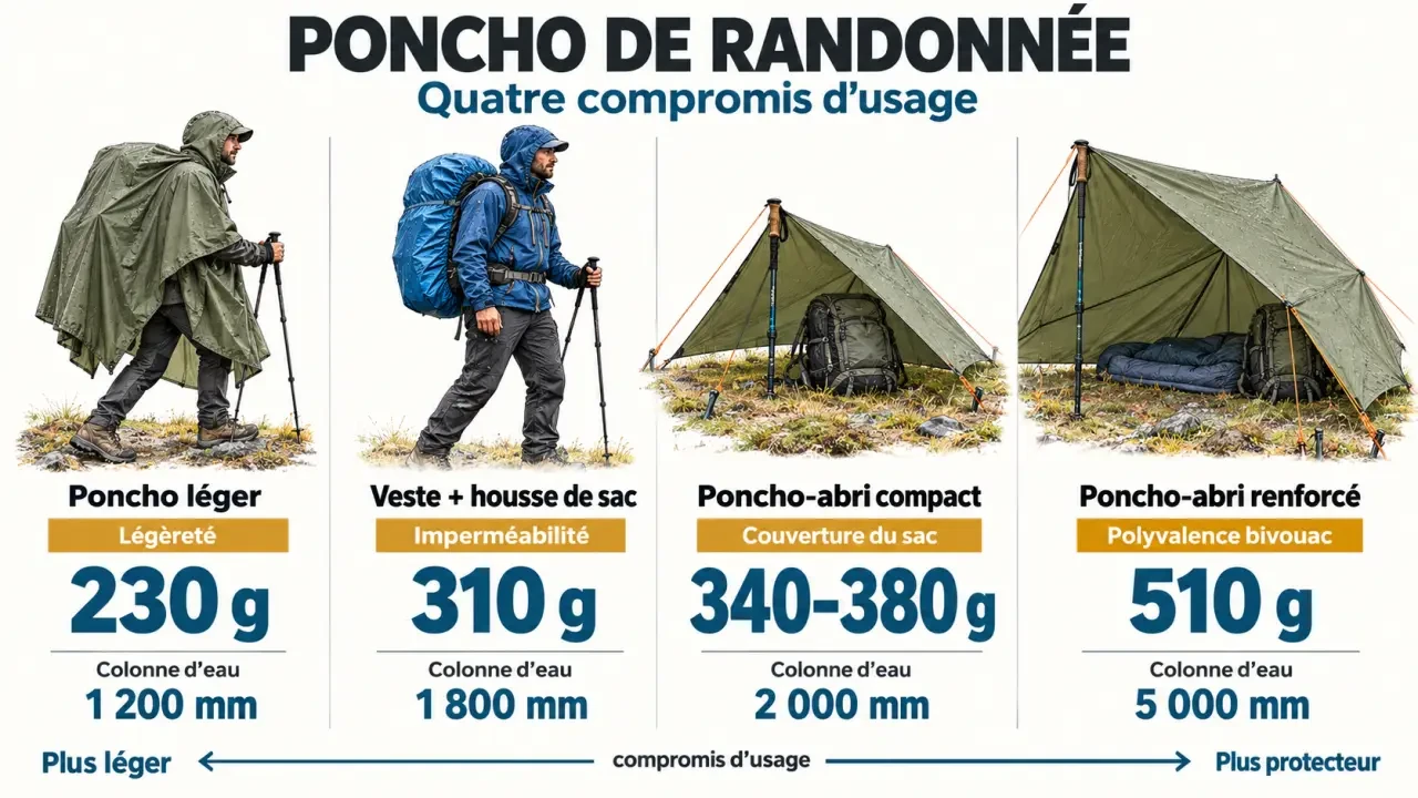 Infographie comparative des ponchos de randonnée selon le poids, l’imperméabilité et la couverture du sac à dos