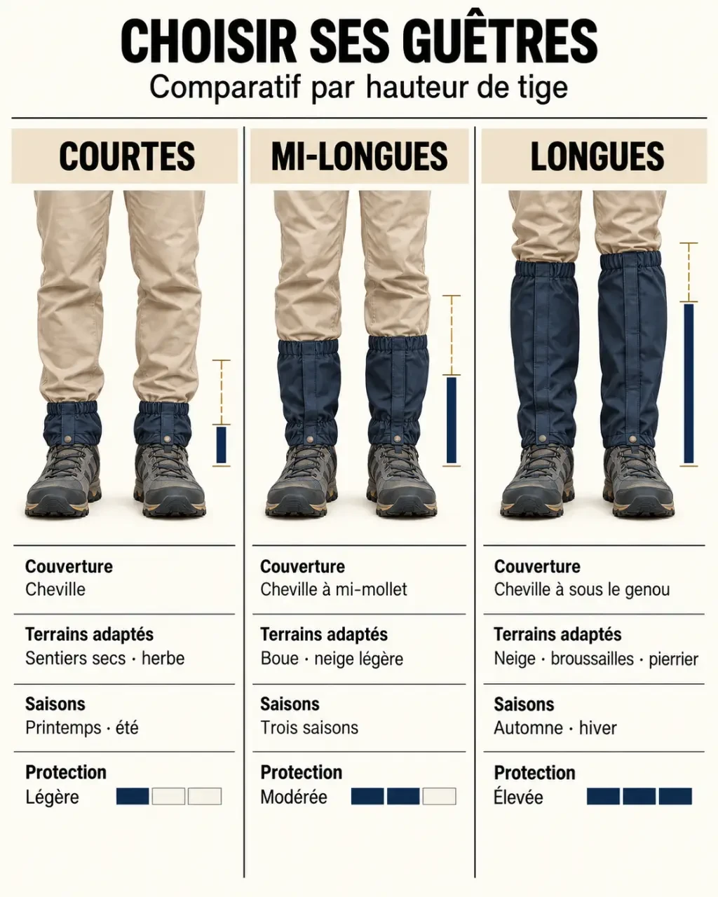 Comparaison des guêtres pour randonnée courtes, mi-longues et longues selon le terrain et la protection