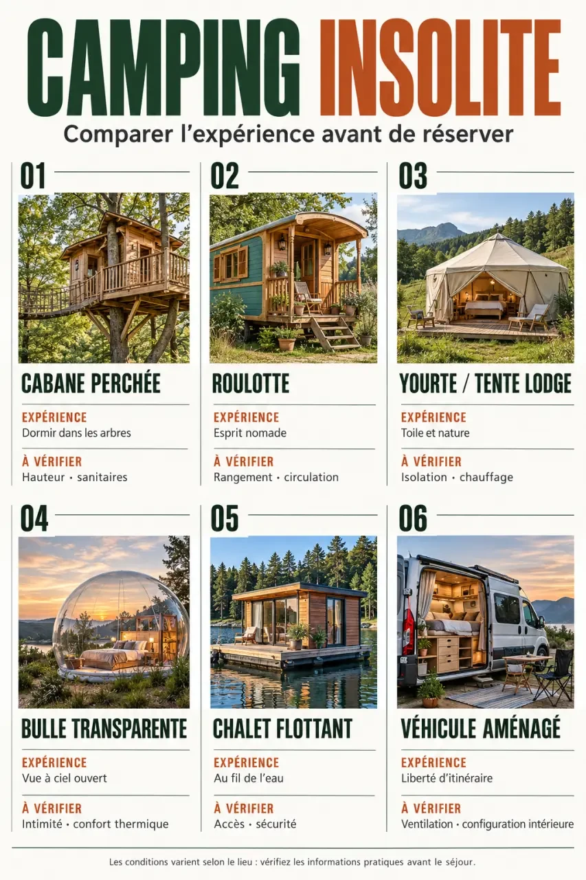 Infographie comparative des principaux hébergements de camping insolite et des critères de confort à vérifier