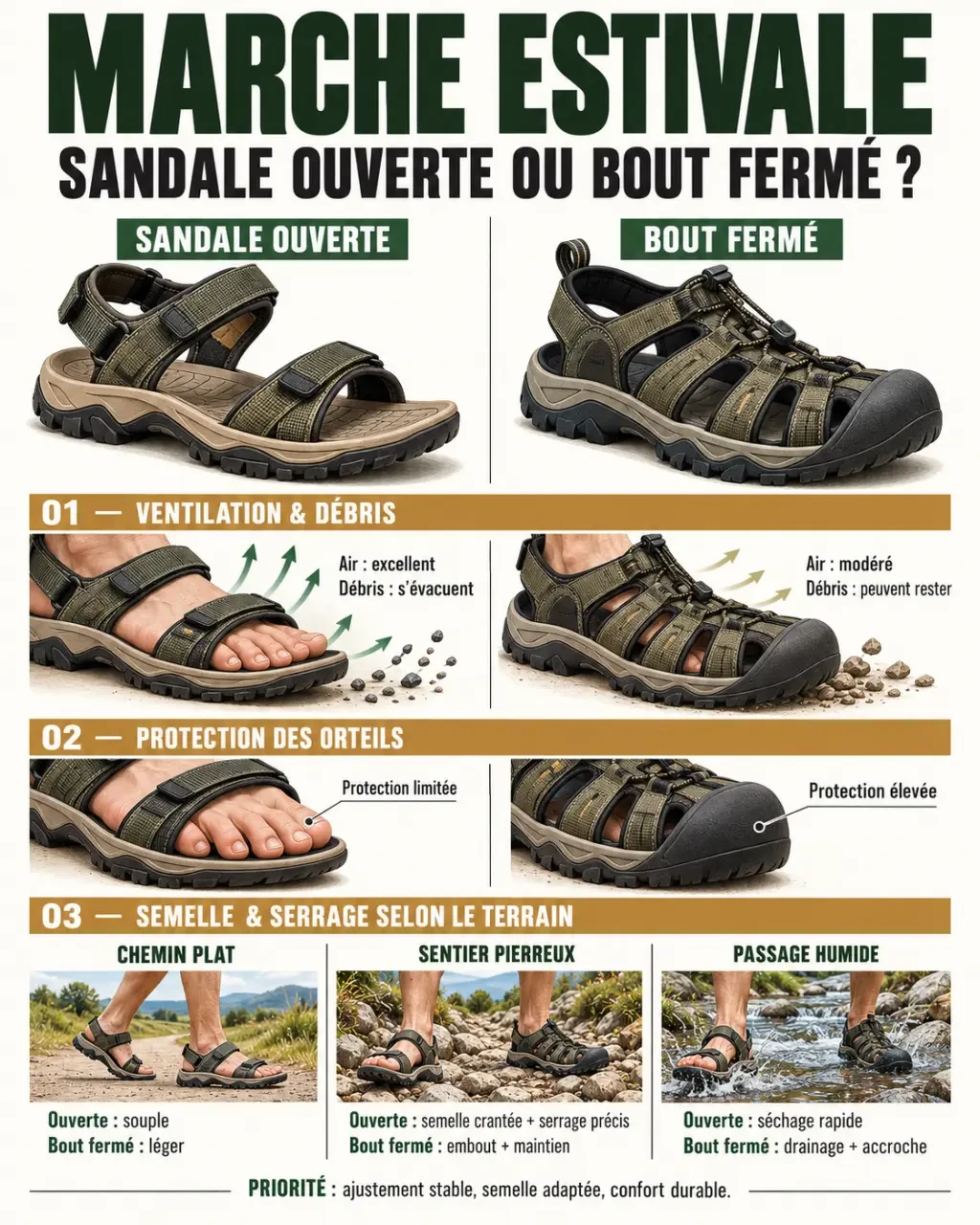 Infographie sur les sandales de marche ouvertes ou fermées selon le terrain