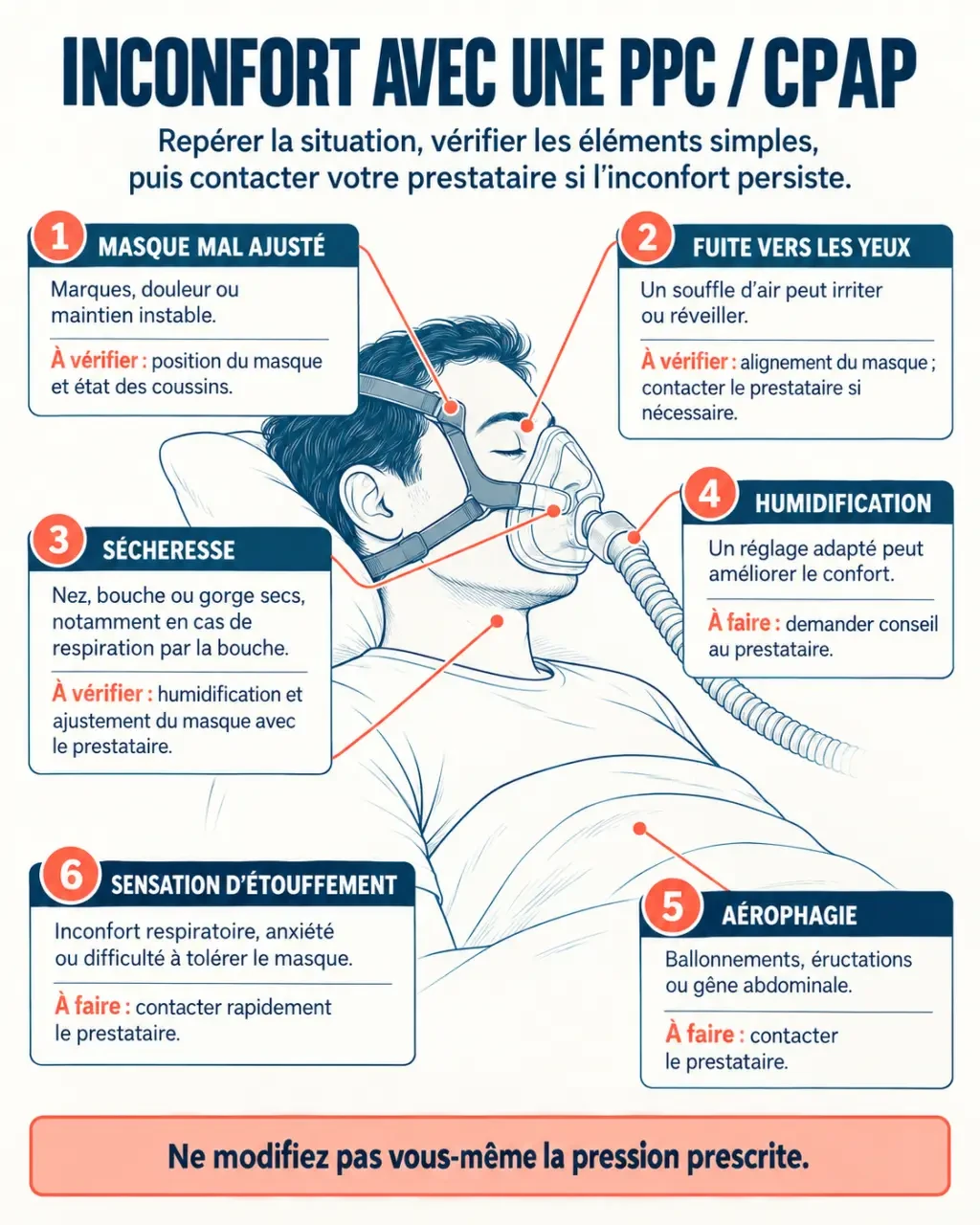 Effet secondaire machine apnée du sommeil : schéma des fuites, de la sécheresse et de l’aérophagie avec les démarches à suivre