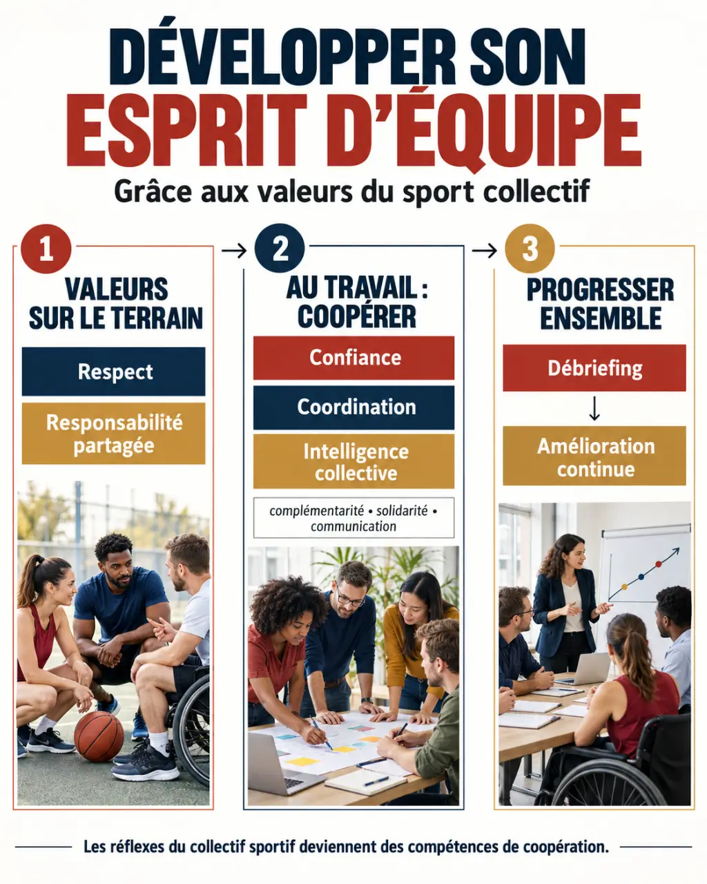 Développer son esprit d'équipe grâce aux valeurs du sport collectif : infographie sur la communication, la solidarité et la coordination